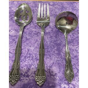 Rogers Dream Rose Hostess Slotted Spoon Fork‎ Ladle Stainless Korea 3 Piece Set